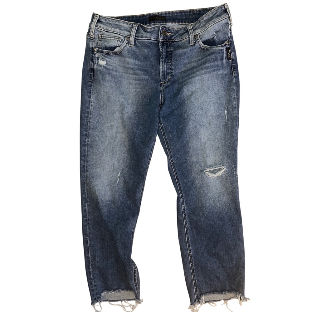 Silver Jeans Co Avery Slim Crop Jeans W34 L26 Medium Wash Distressed Raw Hem